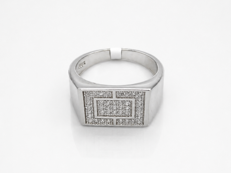 Silver Men's Pave Frame Rectangle Signet Ring – view 3
