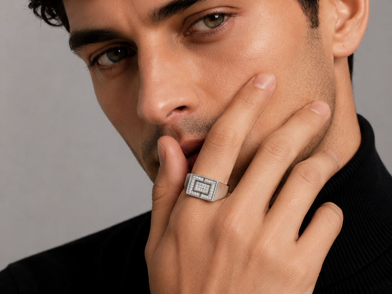 Silver Men's Pave Frame Rectangle Signet Ring – view 2