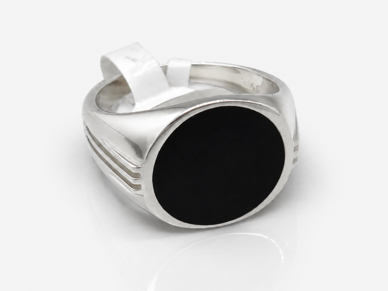 Silver Men's Black Onyx Oval Signet Ring – view 4