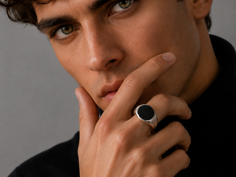 Silver Men's Black Onyx Oval Signet Ring – view 2