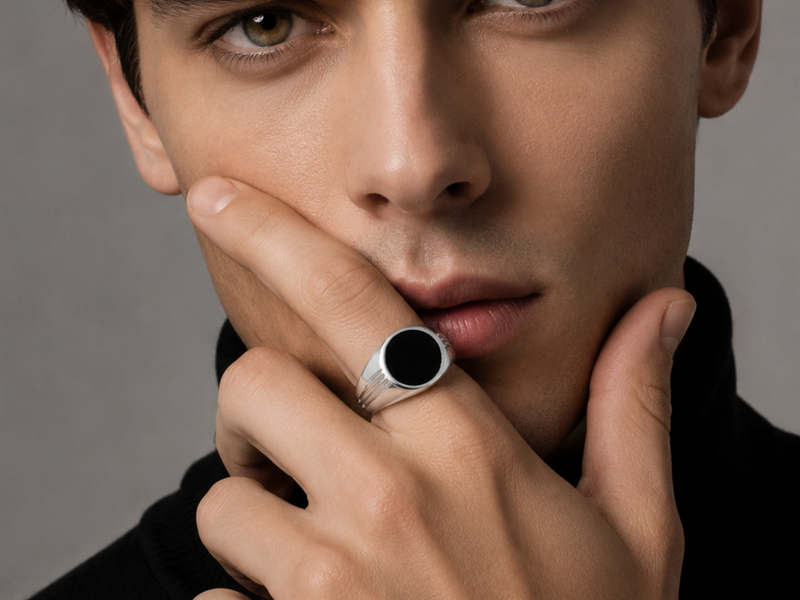 Silver Men's Black Onyx Oval Signet Ring – view 3