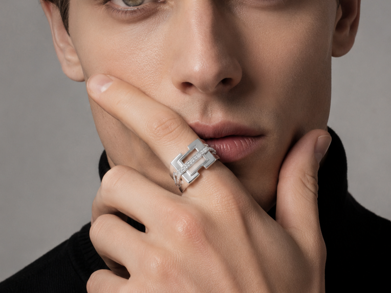 Silver Men's Geometric Openwork CZ Ring – view 2