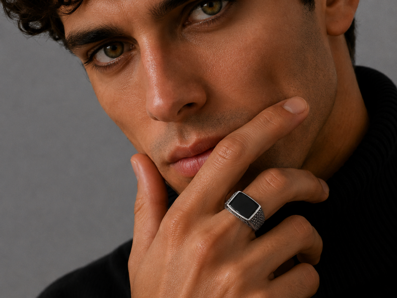 Silver Men's Black Onyx Square Signet Ring – view 2
