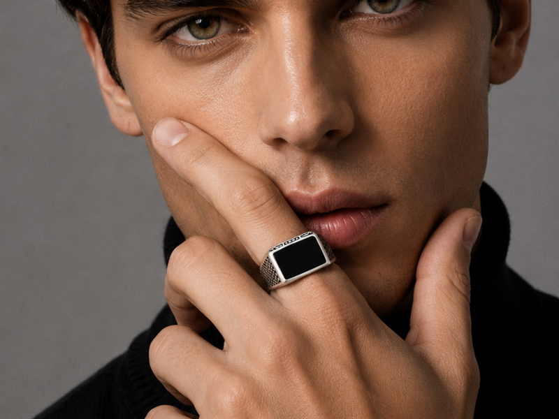 Silver Men's Black Onyx Square Signet Ring – view 3