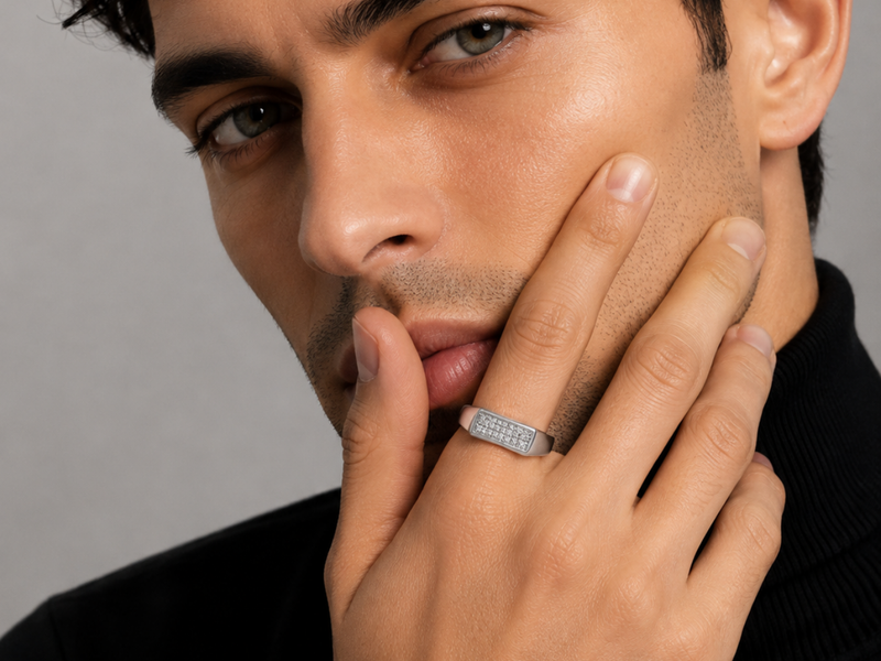 Silver Men's Slim Pave Bar Signet Ring – view 2