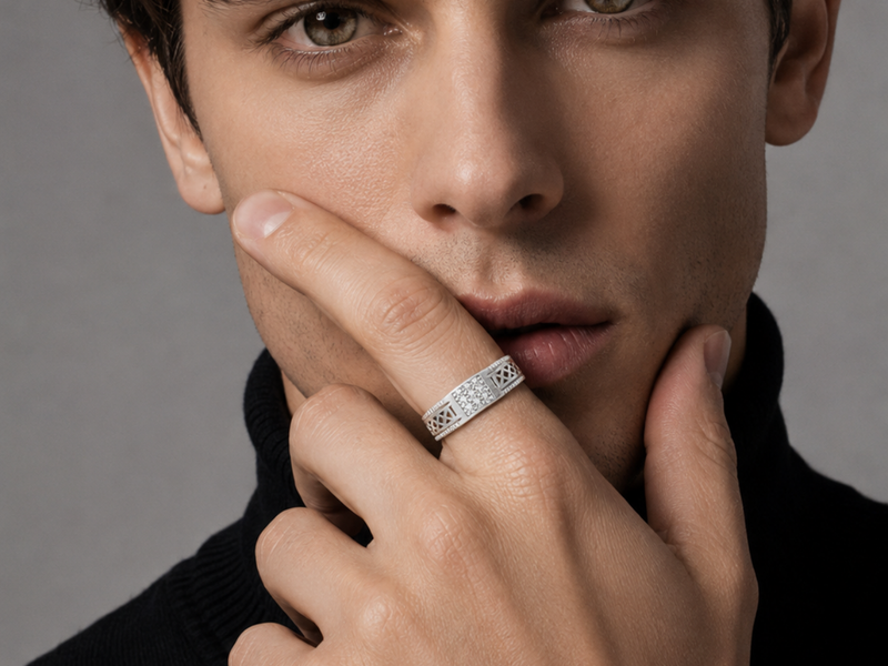 Silver Men's CZ Panel Lattice Band – view 2