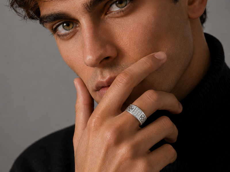 Silver Men's CZ Panel Lattice Band – view 3