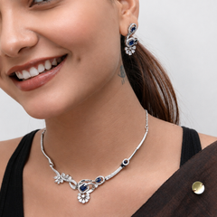 Silver Blue Stone Floral CZ Necklace Set