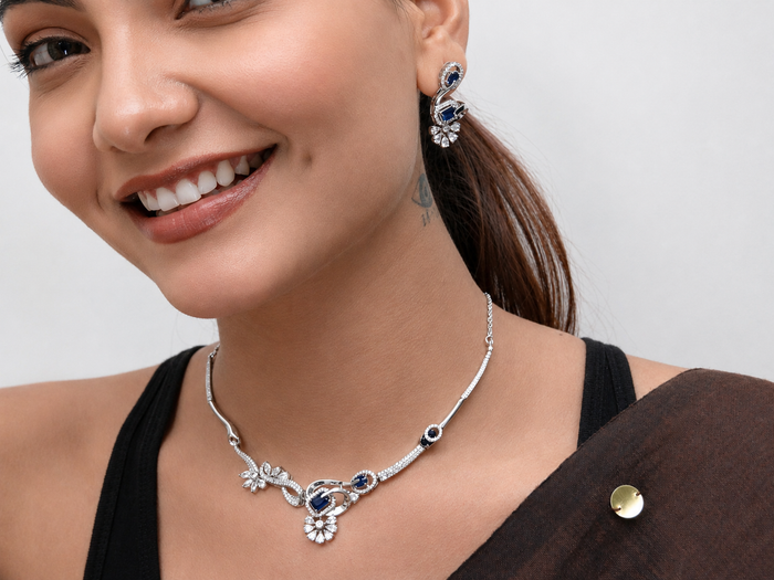 Silver Blue Stone Floral CZ Necklace Set