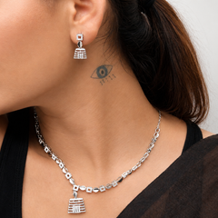 Silver CZ Station Necklace & Jhumka Drop Set