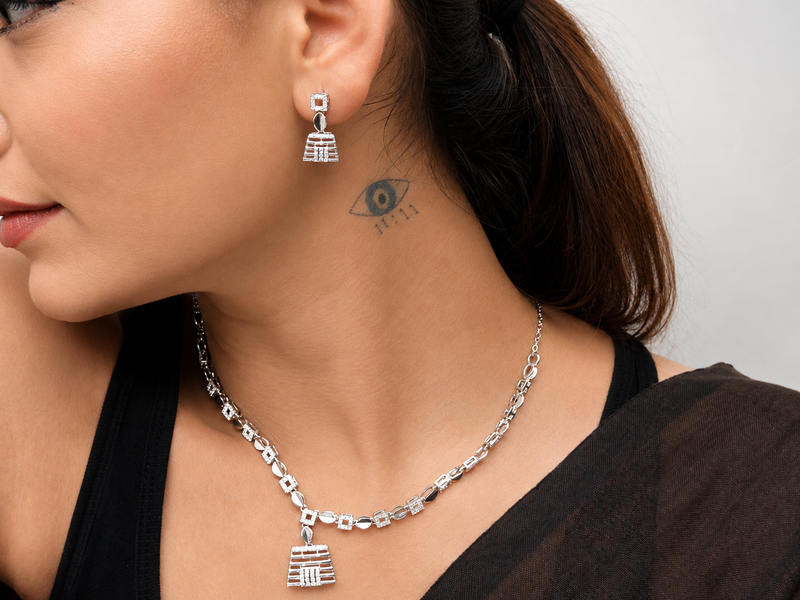 Silver CZ Station Necklace & Jhumka Drop Set