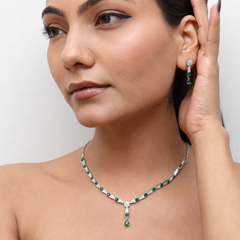 Silver Emerald CZ V-Drop Necklace Set