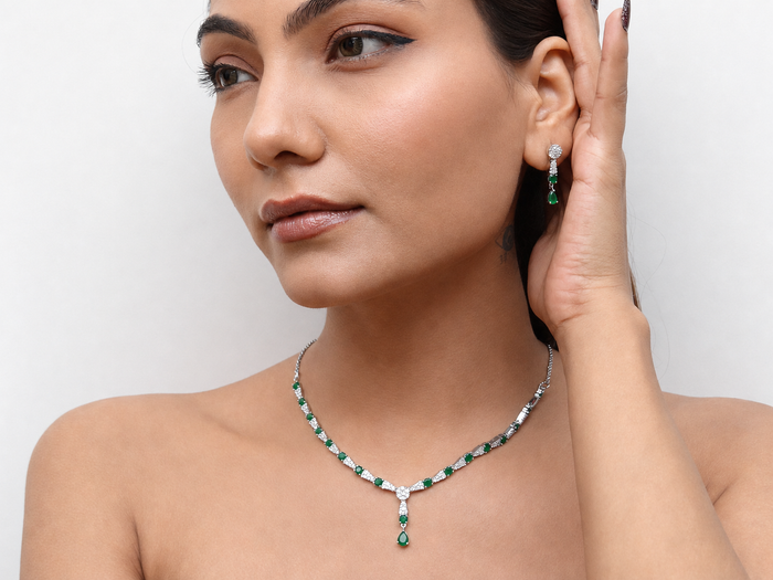 Silver Emerald CZ V-Drop Necklace Set