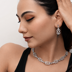 Silver CZ Floral Link Necklace & Drop Set