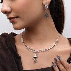 Silver CZ Oval Link Floral Drop Necklace Set