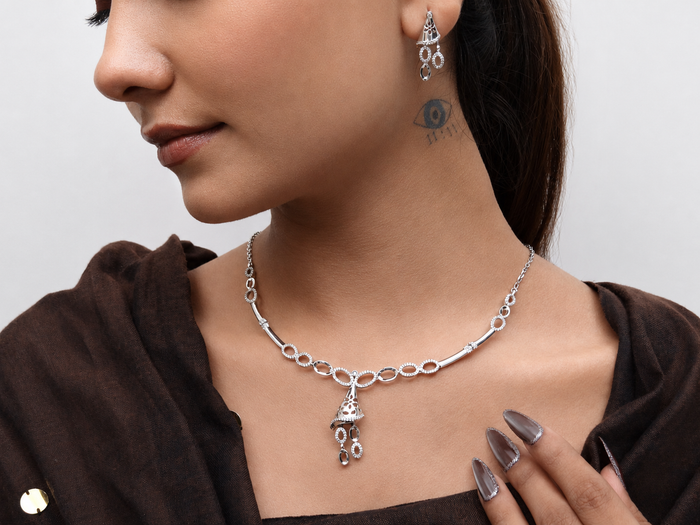 Silver CZ Oval Link Floral Drop Necklace Set