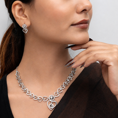 Silver CZ Heart Pendant Necklace & Stud Set