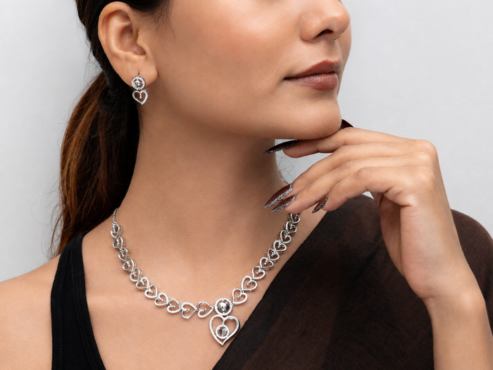 Silver CZ Heart Pendant Necklace & Stud Set