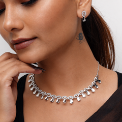 Silver CZ Fringe Drop Statement Necklace Set