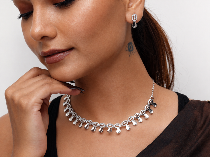 Silver CZ Fringe Drop Statement Necklace Set