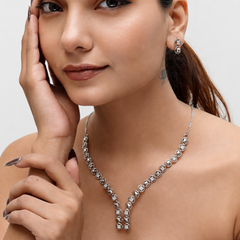 Silver CZ V-Drop Necklace & Earring Set