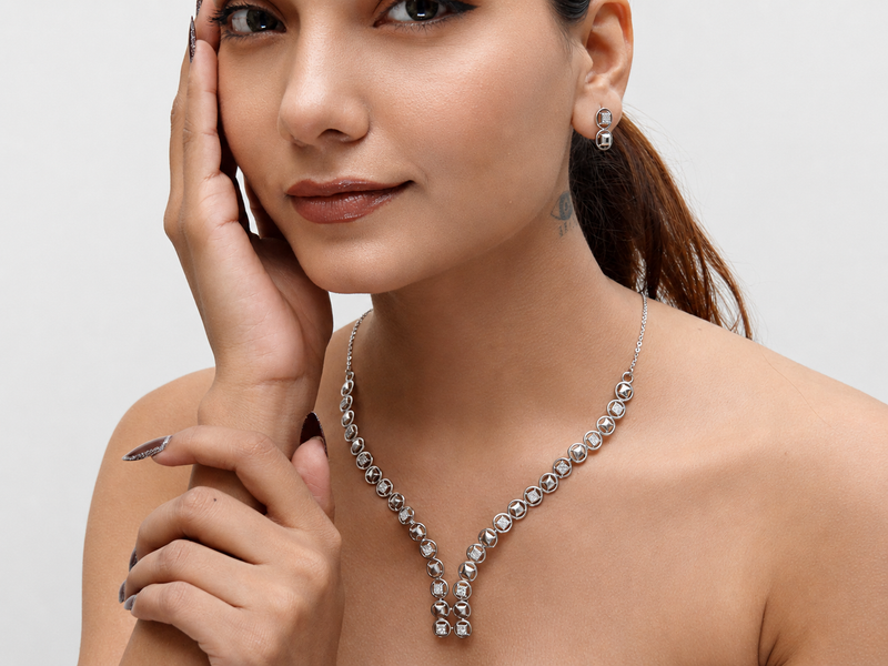 Silver CZ V-Drop Necklace & Earring Set