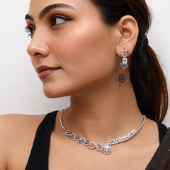 Silver CZ Sunburst Pendant Necklace Set
