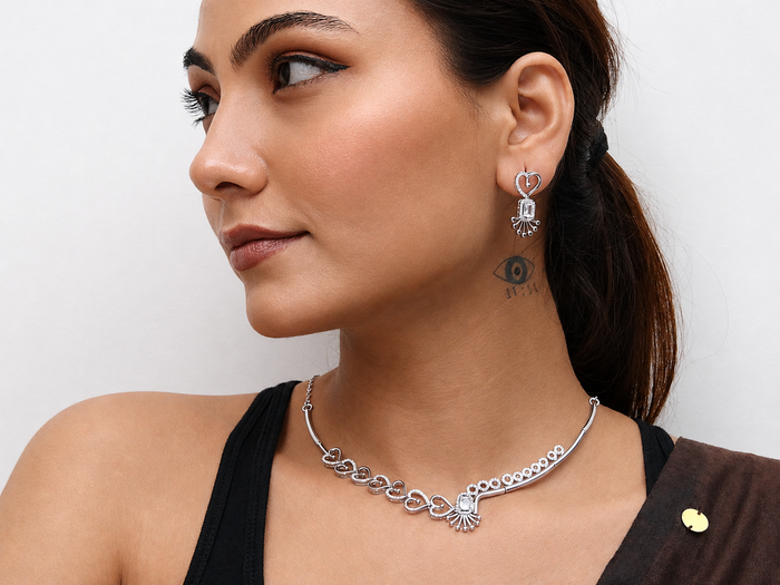 Silver CZ Sunburst Pendant Necklace Set