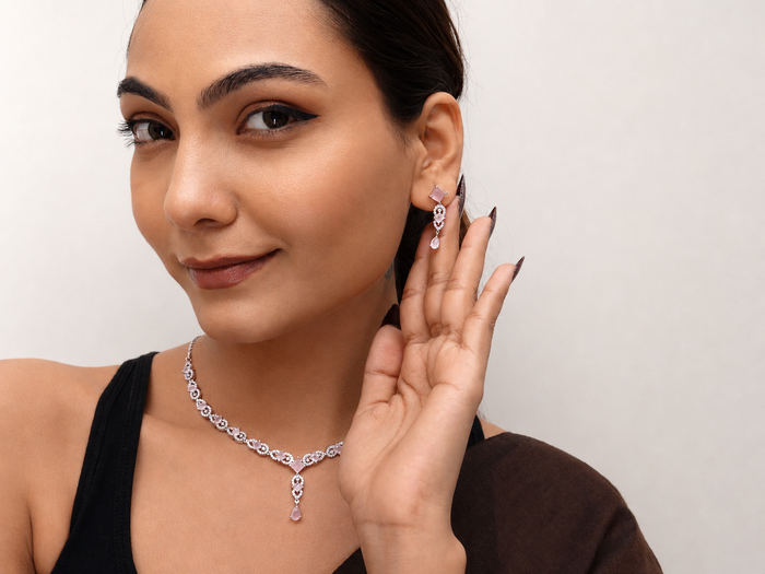 Silver CZ Line Necklace & Drop Earring Set