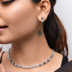 Silver CZ Floral Station Necklace & Stud Set