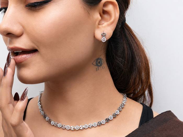 Silver CZ Floral Station Necklace & Stud Set