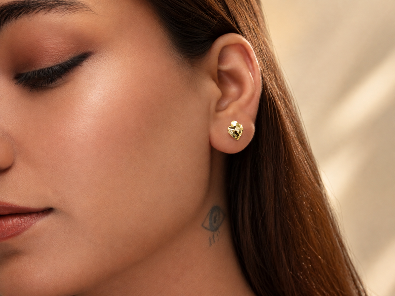 Golden Puffed Diamond-Cut Flower Studs – view 2