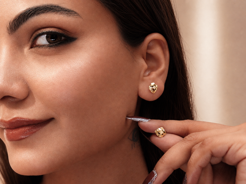 Golden Puffed Diamond-Cut Flower Studs – view 3