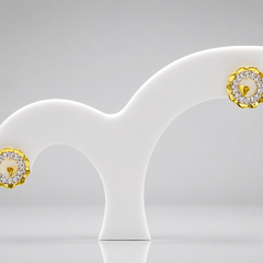 Two-Tone Golden Scalloped CZ Halo Studs