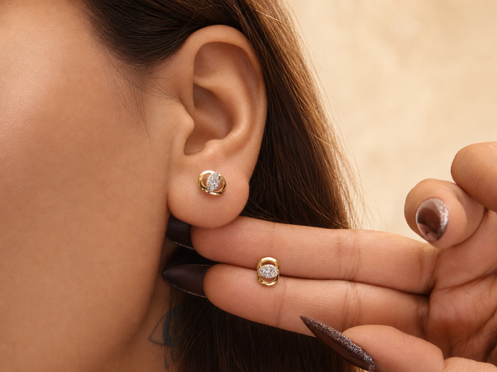 Two-Tone Golden Rounded Clover CZ Studs – view 3