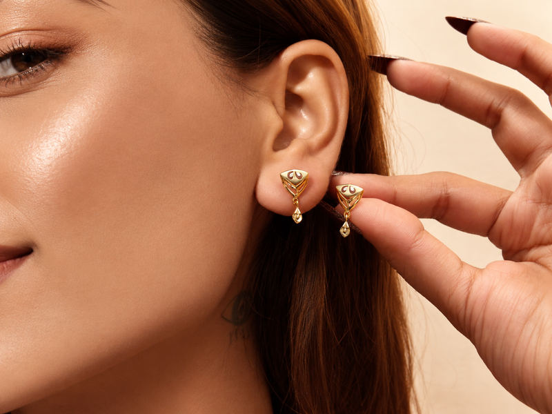 Golden Triangular Bead Drop Earrings – view 3