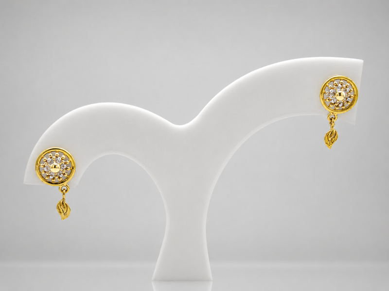 Golden CZ Disc & Leaf Drop Earrings