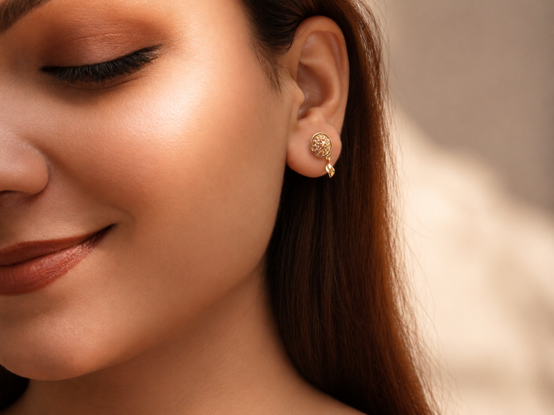 Golden CZ Disc & Leaf Drop Earrings – view 2