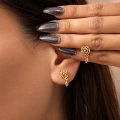 Golden CZ Disc & Leaf Drop Earrings – view 3