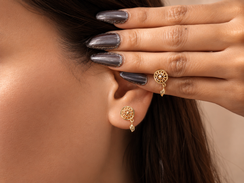 Golden CZ Disc & Leaf Drop Earrings – view 3
