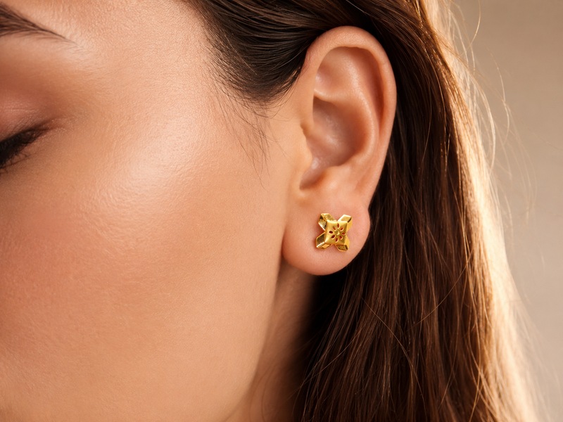Golden Four-Petal Textured Studs – view 2