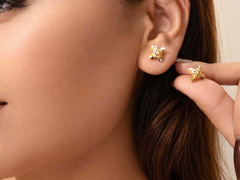 Golden Four-Petal Textured Studs – view 3