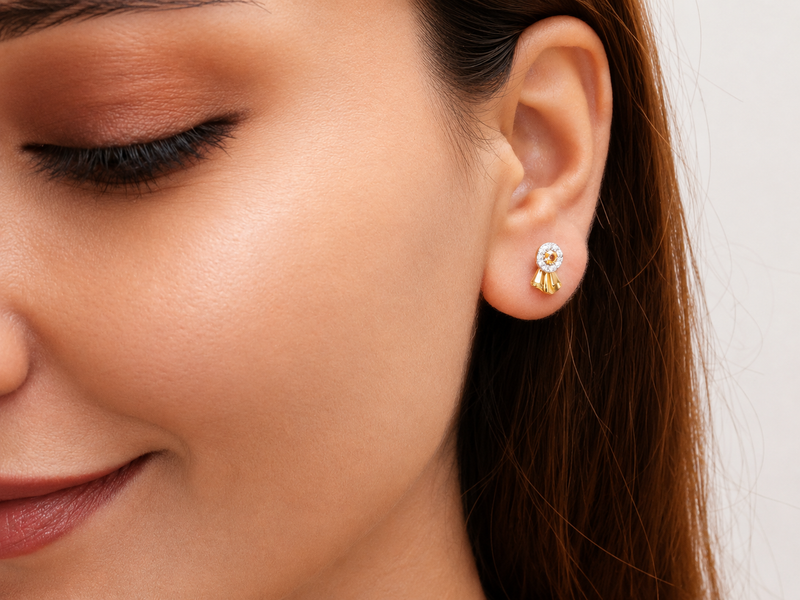 Golden Flared Fan CZ & Red Stone Studs – view 2