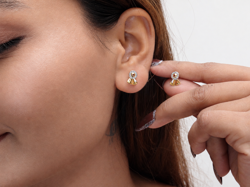 Golden Flared Fan CZ & Red Stone Studs – view 3