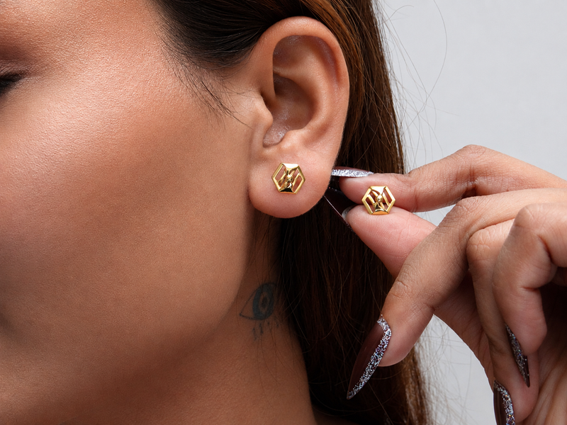 Golden Hexagon Textured Studs – view 3