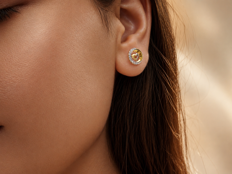 Two-Tone Golden Heart CZ Halo Studs – view 2