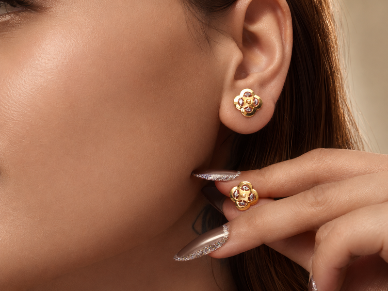 Two-Tone Golden Four-Petal Clover CZ Studs – view 2