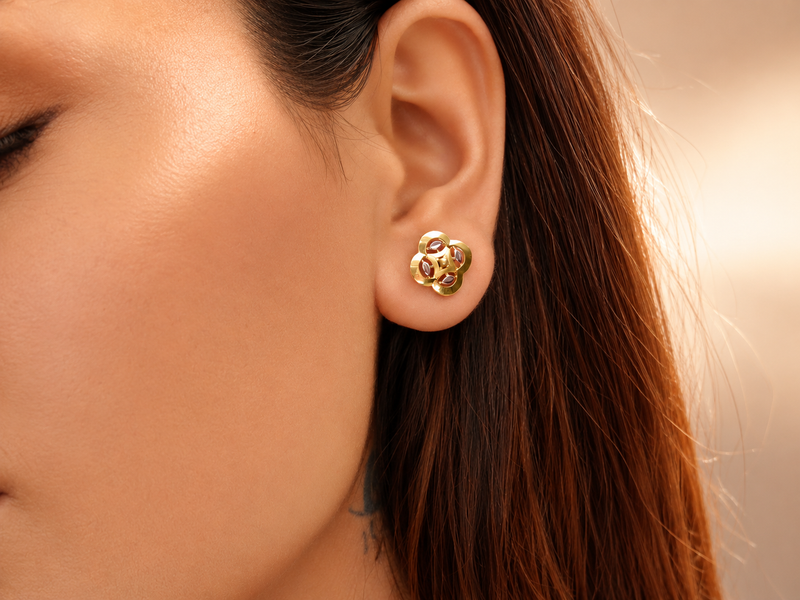 Two-Tone Golden Four-Petal Clover CZ Studs – view 3