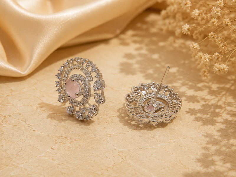 Silver Pink Stone Filigree Halo Studs