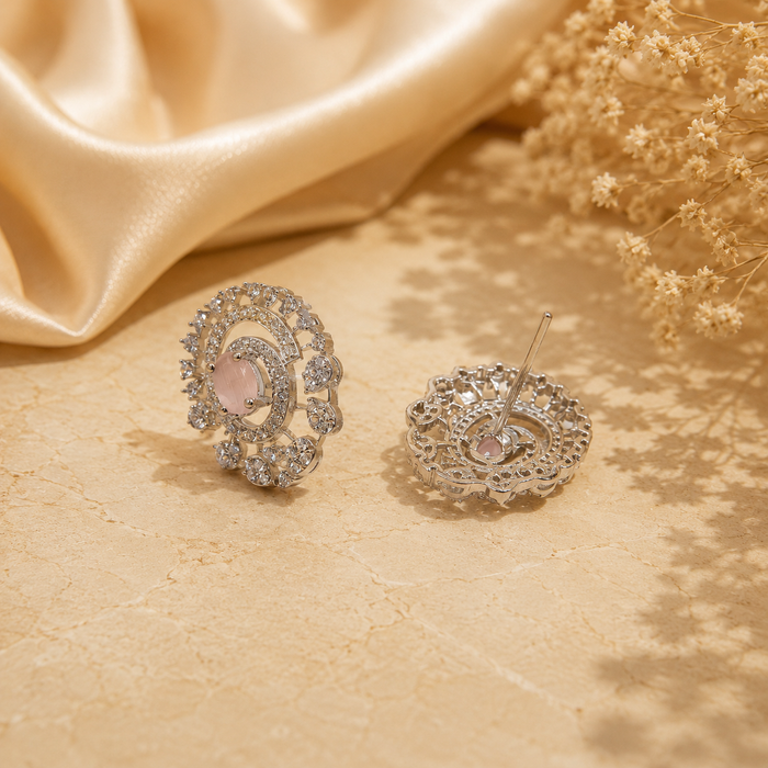 Silver Pink Stone Filigree Halo Studs